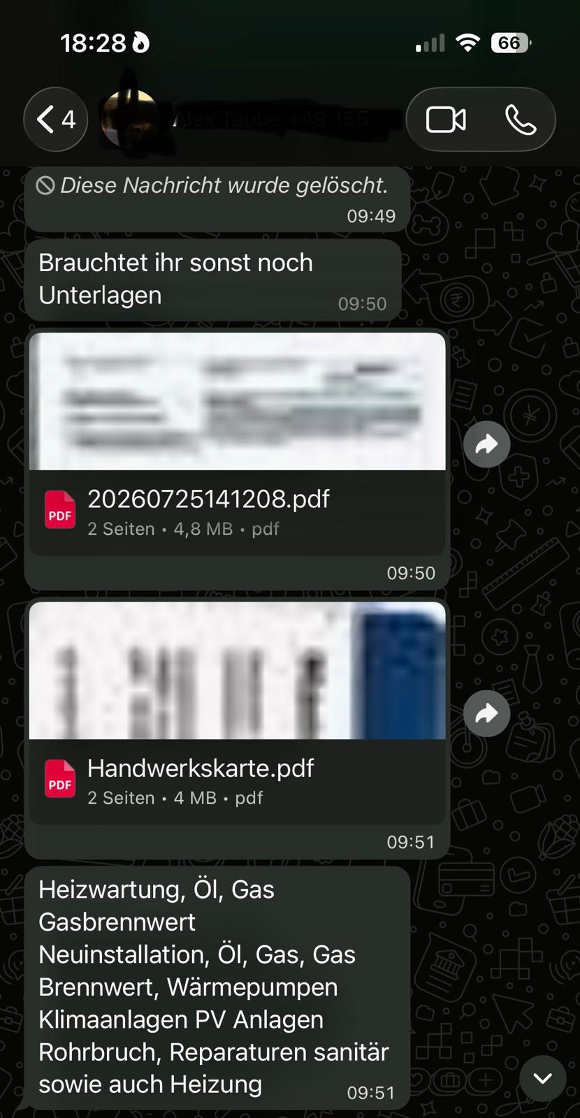 WhatsApp-Chat mit Betrieb der Unterlagen sendet