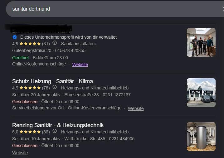 Google-Suchergebnis Sanitär Dortmund mit unserem Profil auf Platz 1