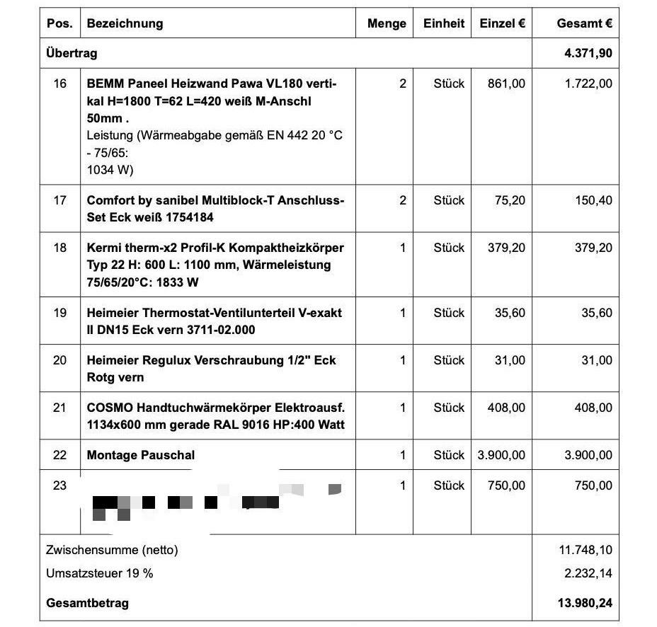 Angebotsposition Heizung und Bad über 13.980,24 Euro