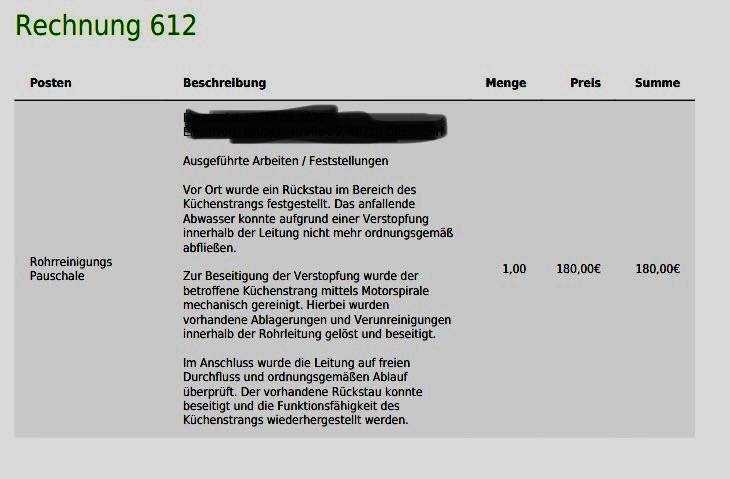 Rechnung Rohrreinigung über 180 Euro