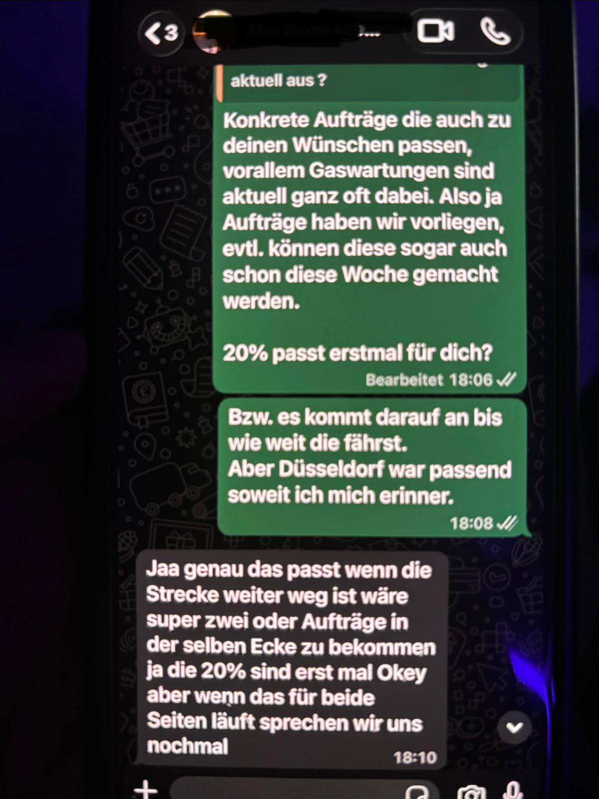 WhatsApp-Nachricht über konkrete Aufträge und 20 Prozent