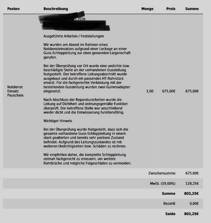 Rechnung Notdiensteinsatz über 803,25 Euro
