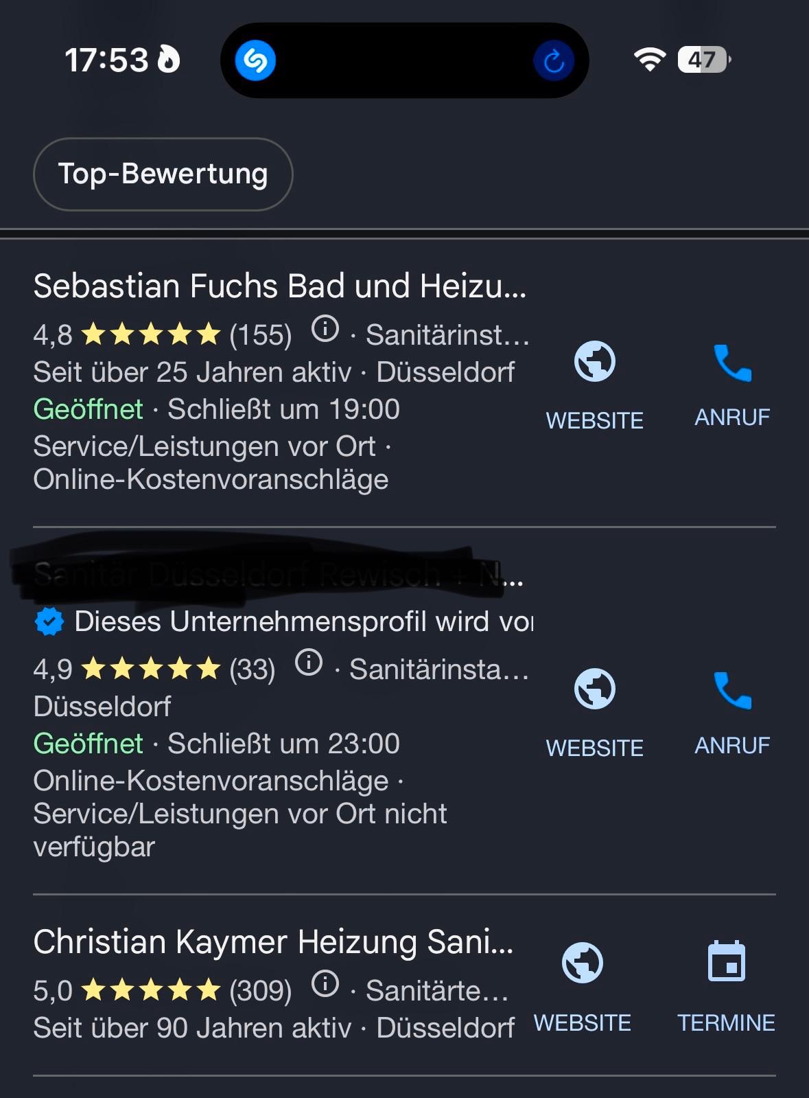 Google-Suchergebnis Sanitär Düsseldorf mit unserem Profil weit oben