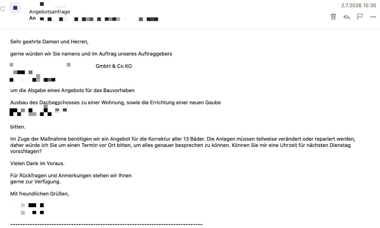 E-Mail mit Angebotsanfrage für ein Bauvorhaben