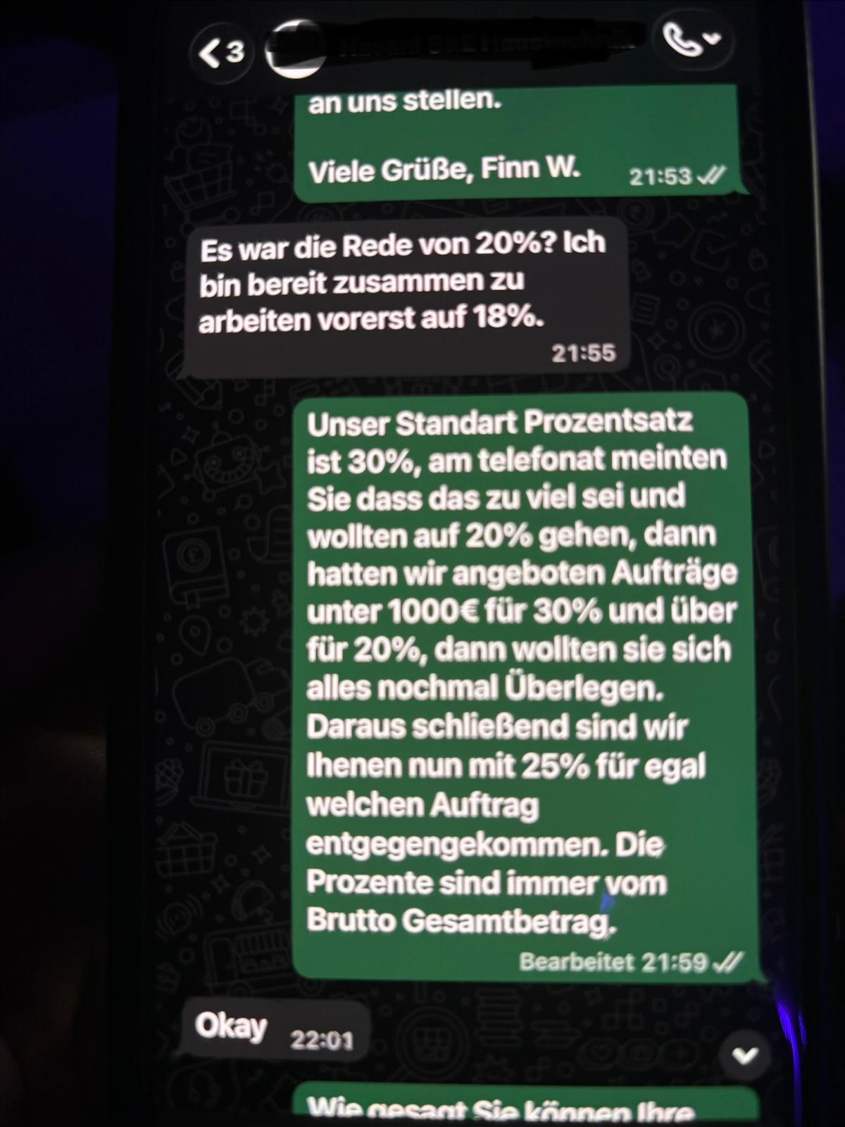 WhatsApp-Verhandlung über 25 Prozent Provision
