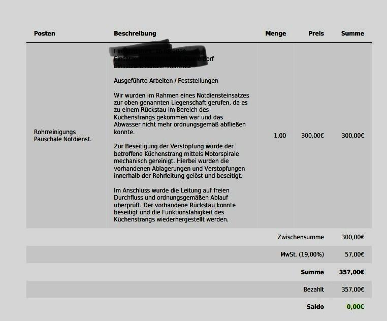 Bezahlte Rechnung Notdienst über 357 Euro